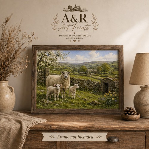 Sheep lambs landscape art - a4,